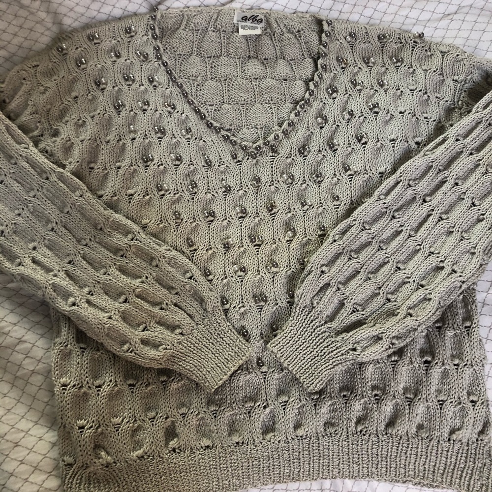 Cable Knitted Lightweight V Neck Tan Handmade Sweater Perl Clusters Small - Picture 7 of 10